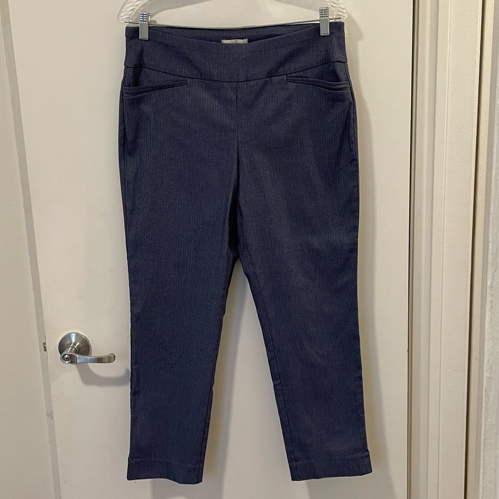 Van Heusen Womans Slim Fit Pull On Dress Pants, Blue Herringbone